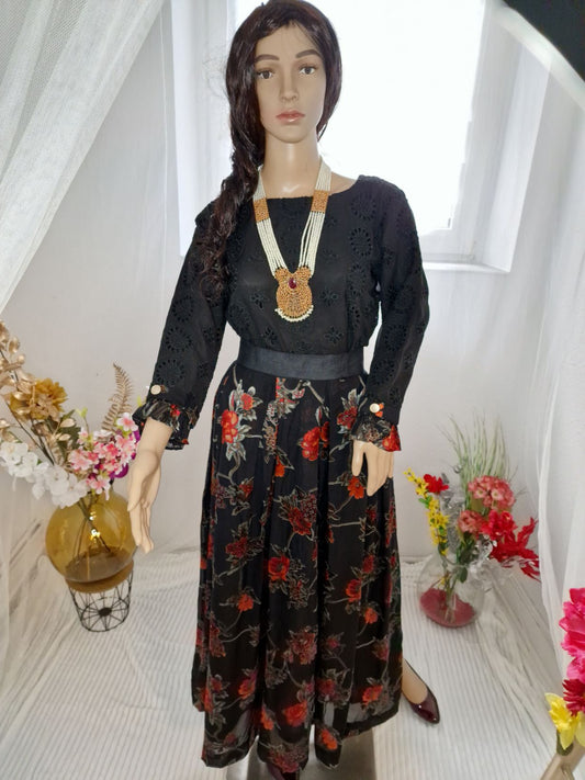 Elegant Black Chiffon and Chikankari Maxi