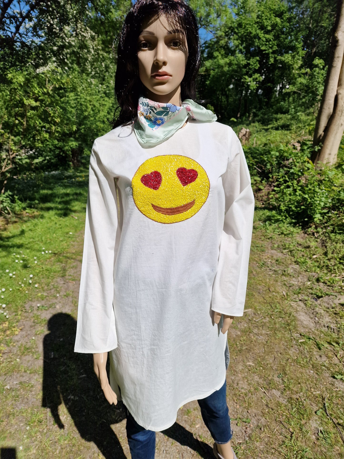 White Shirt with handmade embroidery emoji