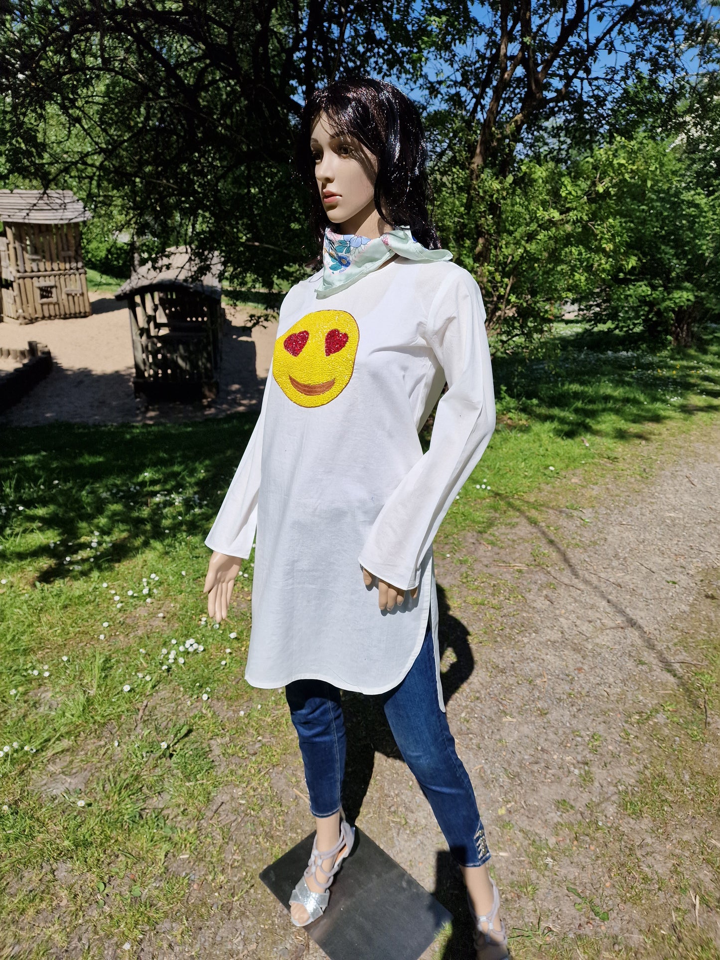 White Shirt with handmade embroidery emoji