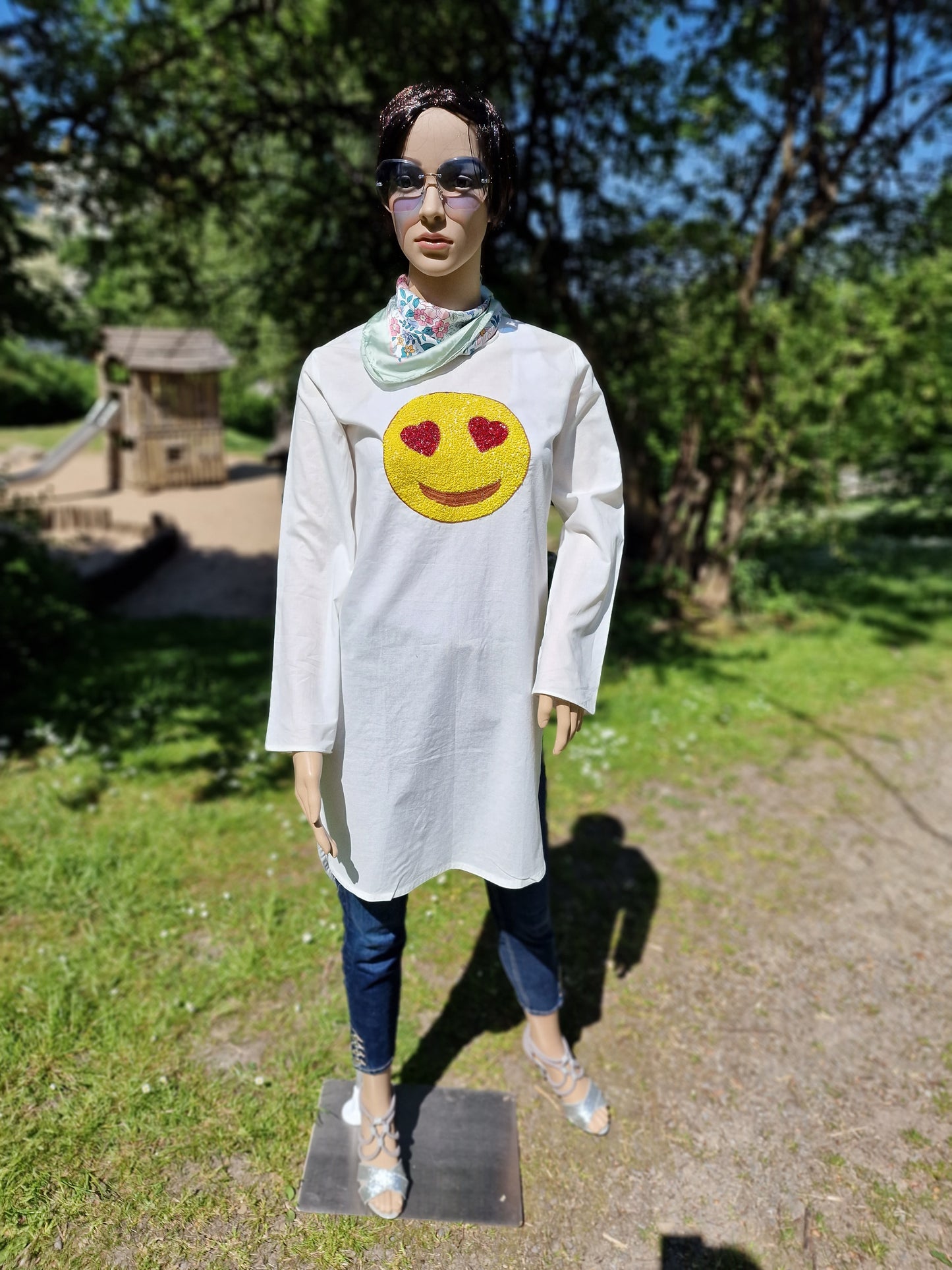 White Shirt with handmade embroidery emoji