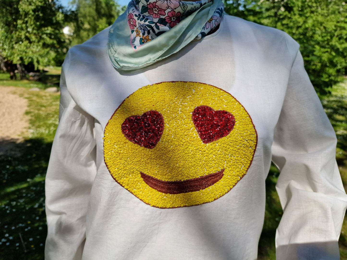White Shirt with handmade embroidery emoji
