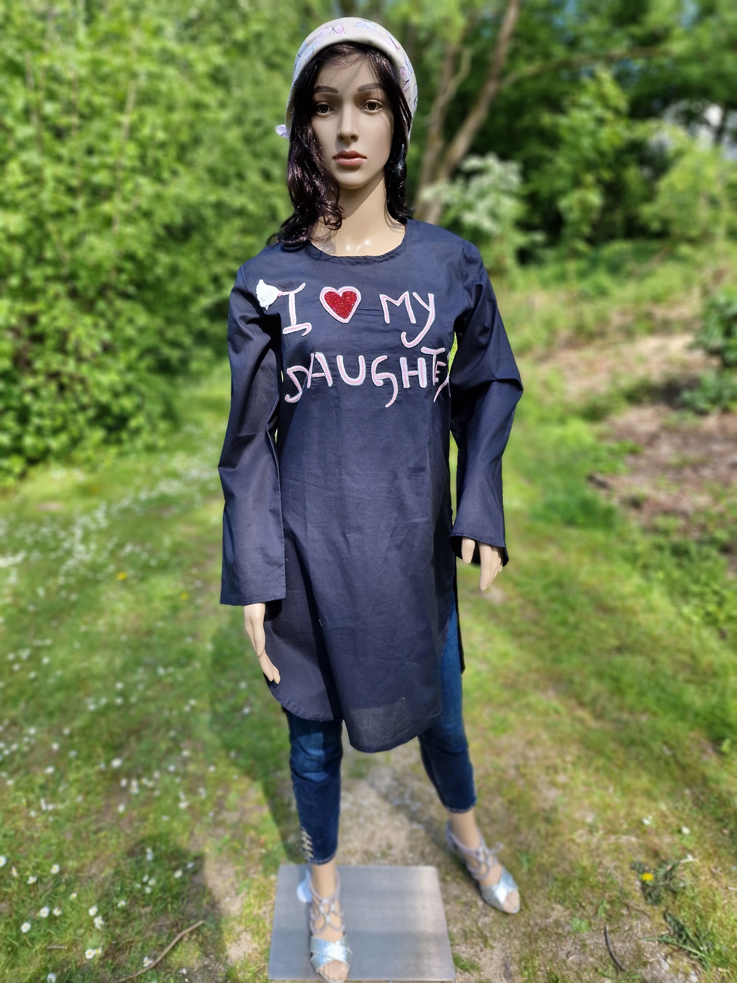 Cambric Shirt with handmade embroidery "I Love my Mom/Daughter"