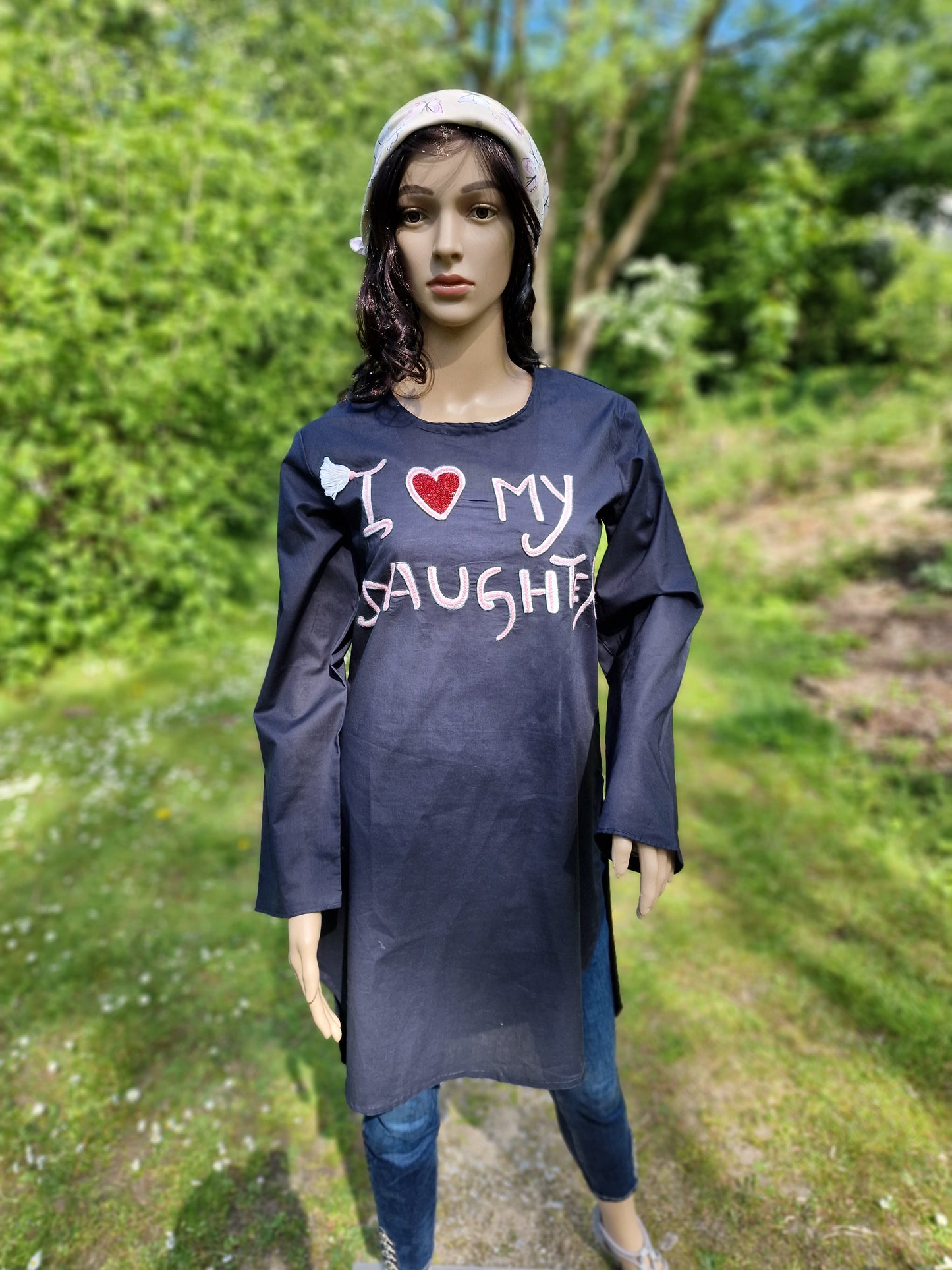Cambric Shirt with handmade embroidery "I Love my Mom/Daughter"