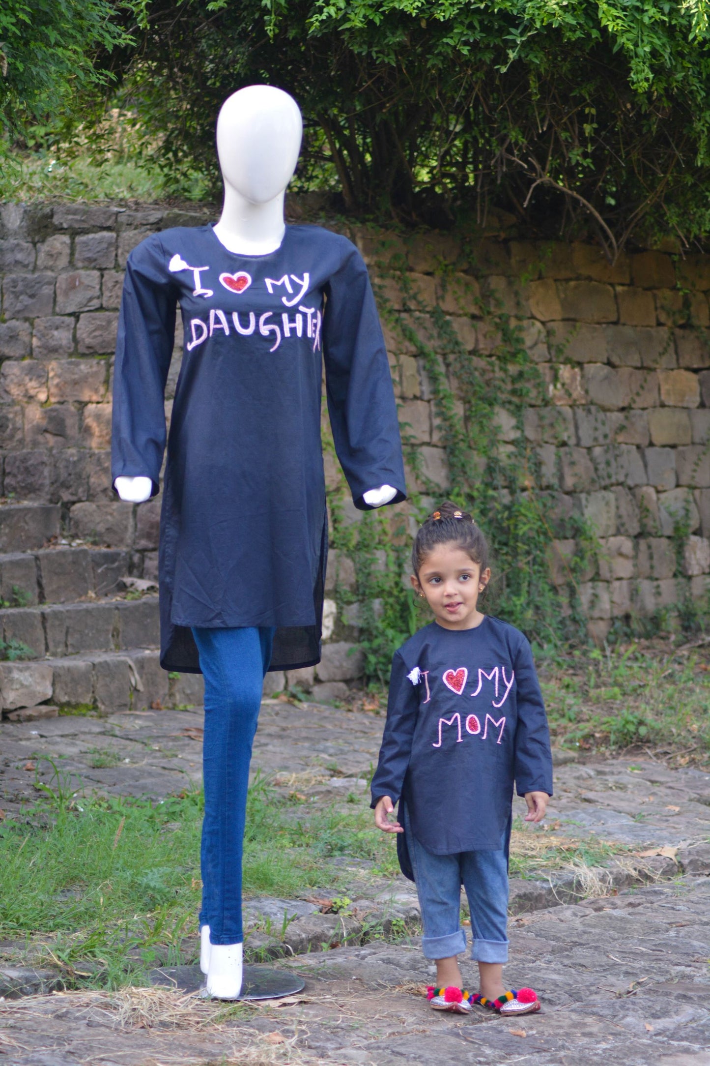 Cambric Shirt with handmade embroidery "I Love my Mom/Daughter"