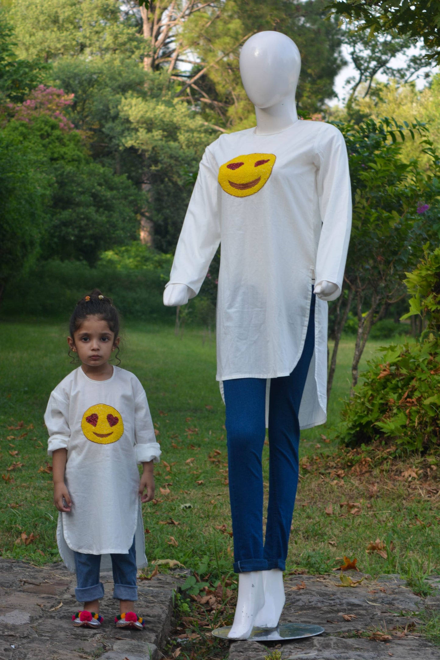 White Shirt with handmade embroidery emoji