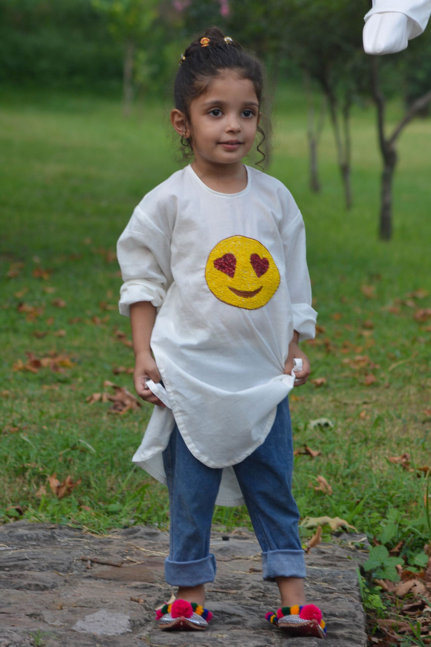White Shirt with handmade embroidery emoji