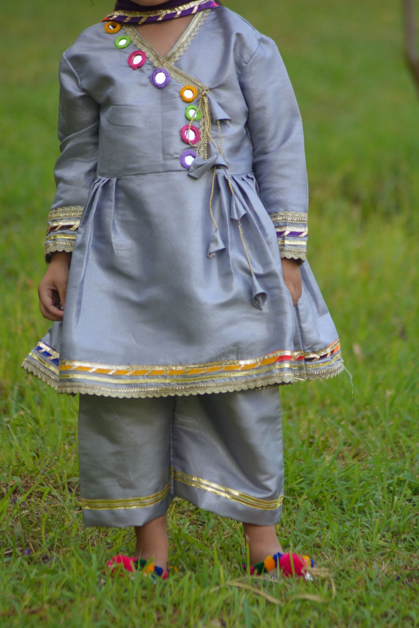 Fancy Dress with shawl and colorful mirror and gota-lace-work