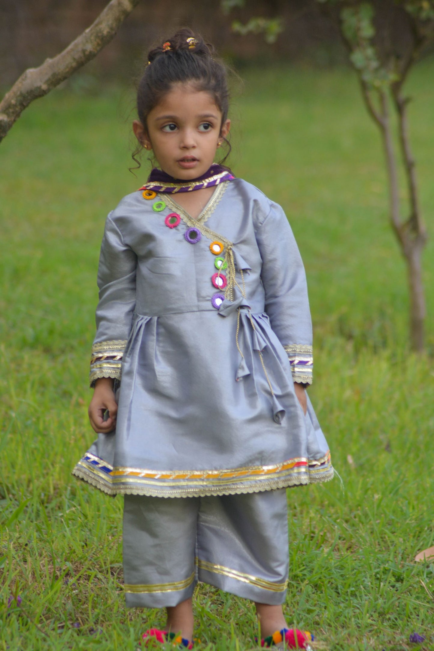 Fancy Dress with shawl and colorful mirror and gota-lace-work