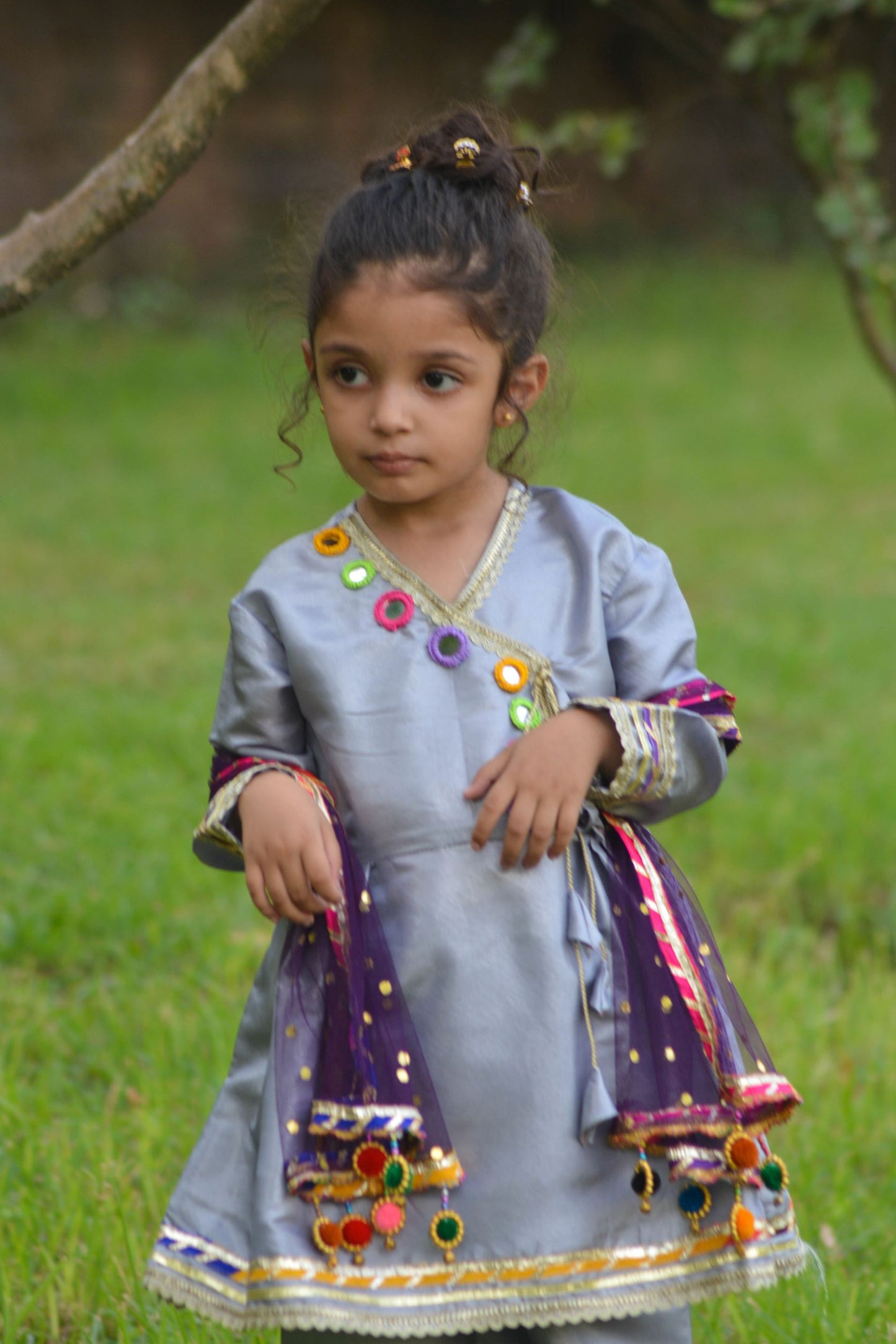 Fancy Dress with shawl and colorful mirror and gota-lace-work