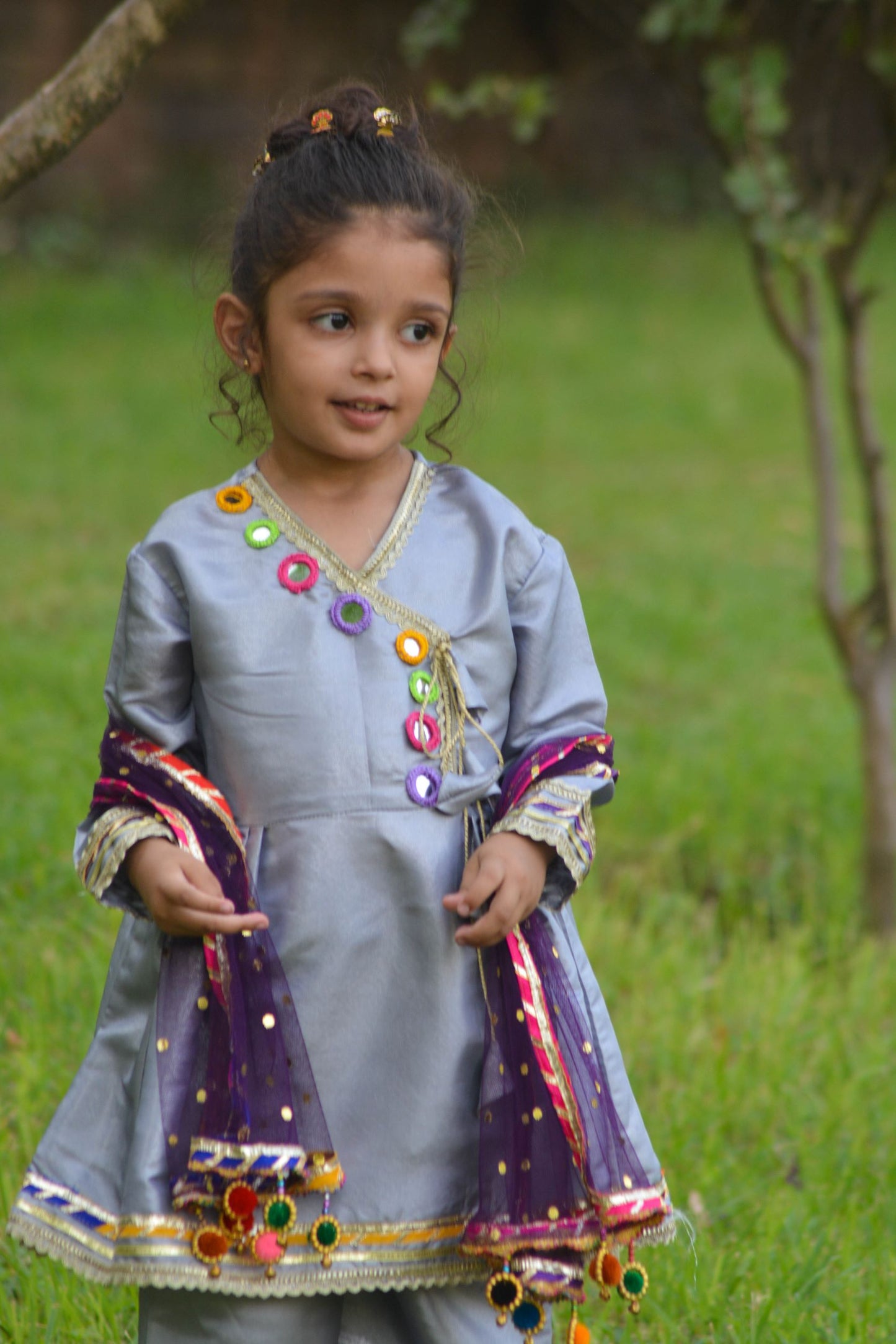 Fancy Dress with shawl and colorful mirror and gota-lace-work