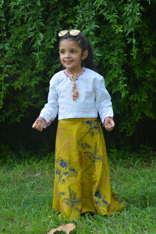 White Chikan-Kari Shirt with colorful tassel and green printed Skirt