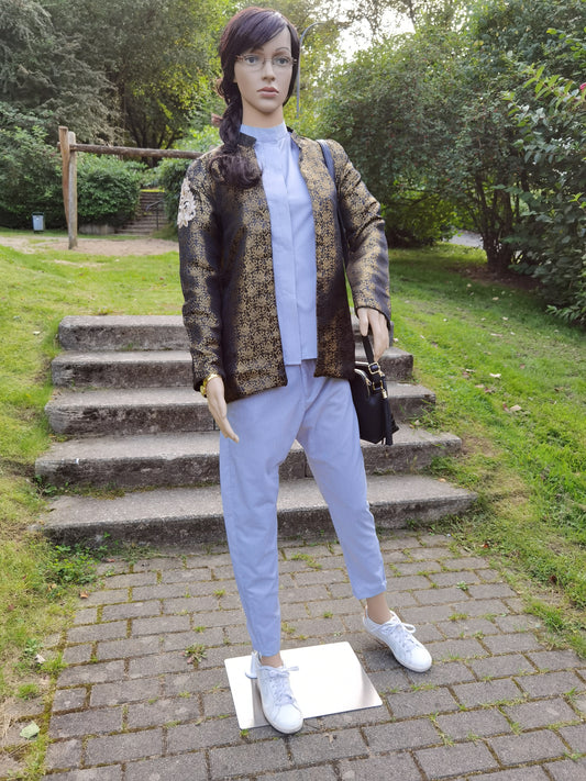 Blue striped Suit with black silk brocade Jacket