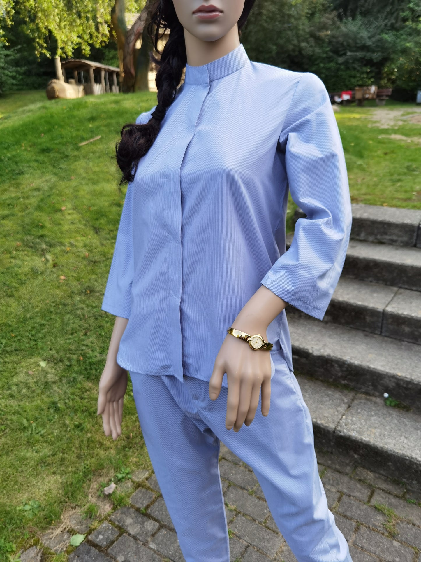 Blue striped Suit with black silk brocade Jacket