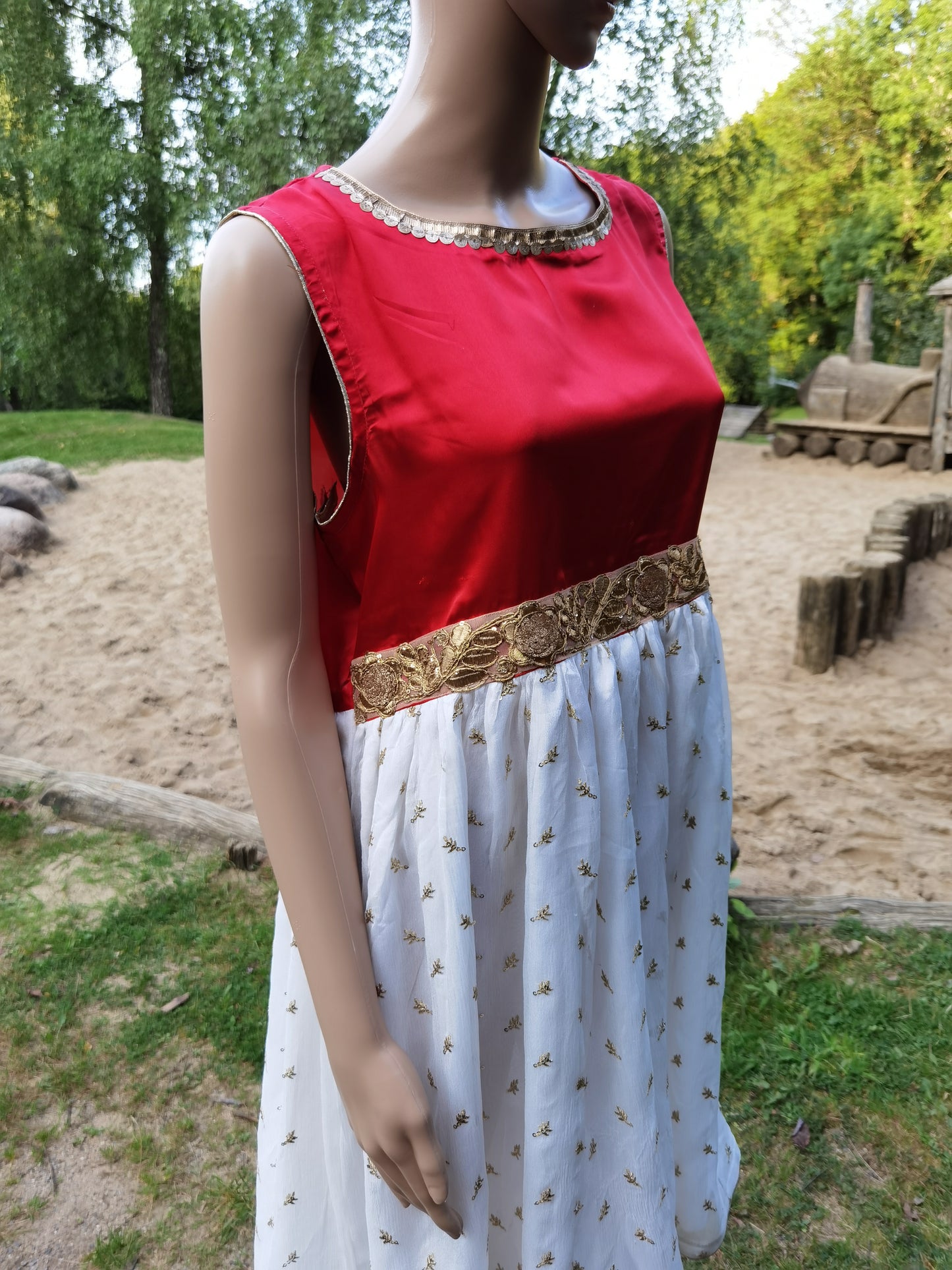 White Embroidred Chiffon Frock with Red Silk Bolero