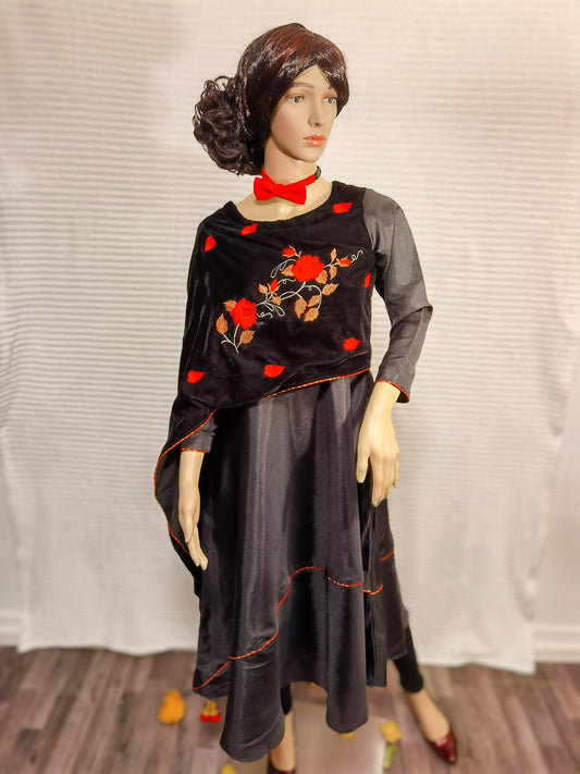 Luxurious black silk maxi with velvet cape