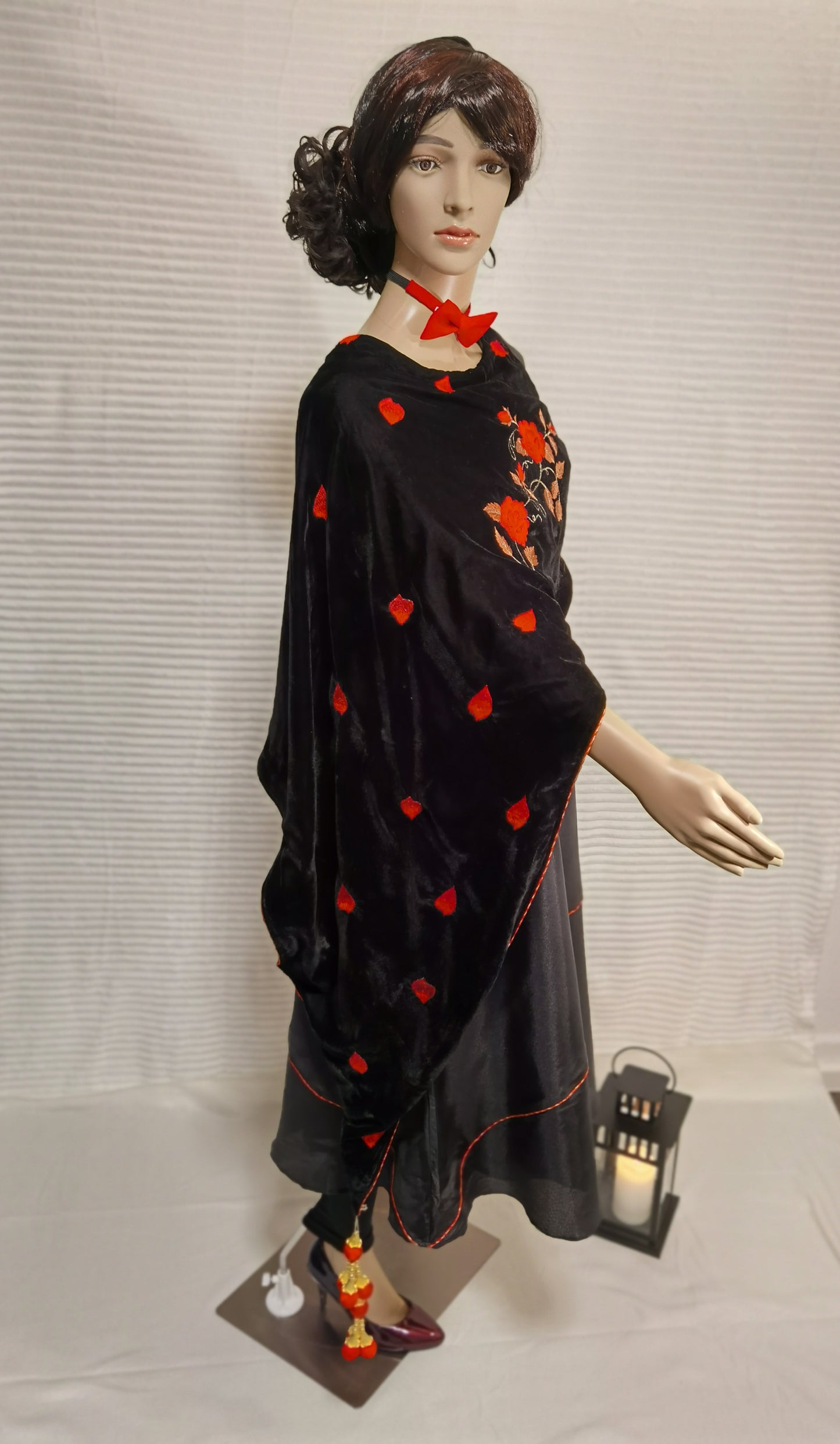 Luxurious black silk maxi with velvet cape