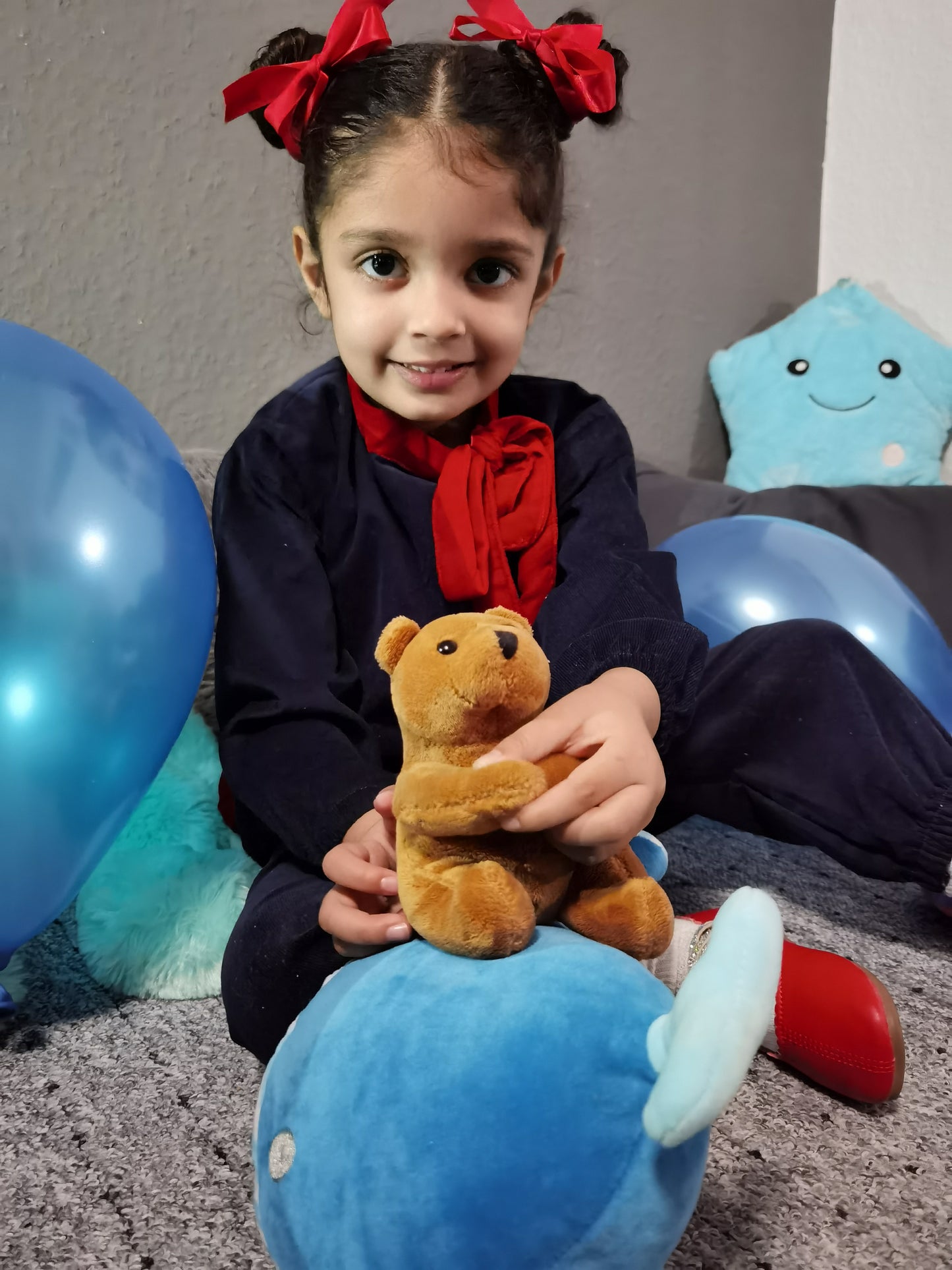 Blue soft jeans suit with red velvet bow