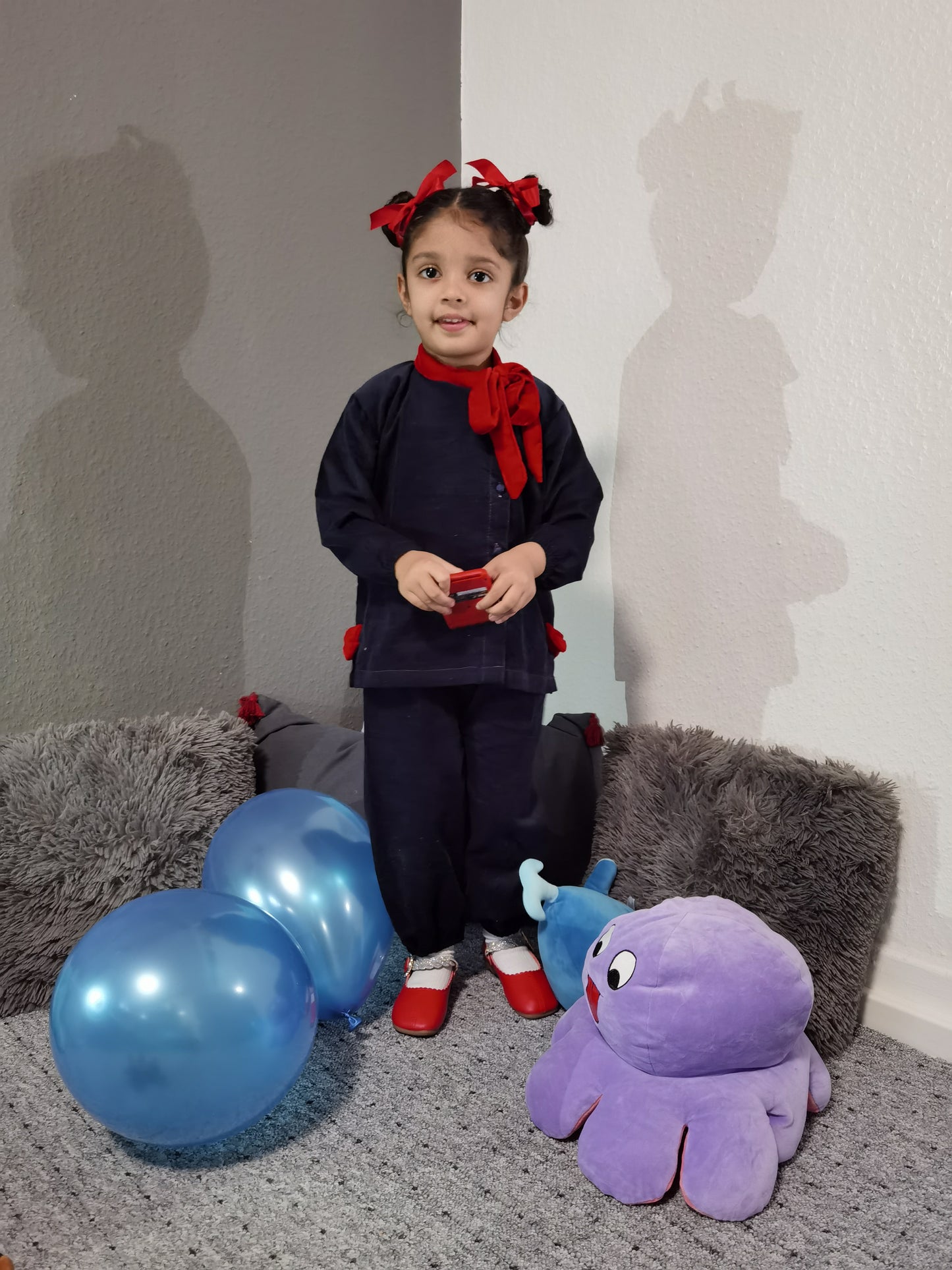 Blue soft jeans suit with red velvet bow