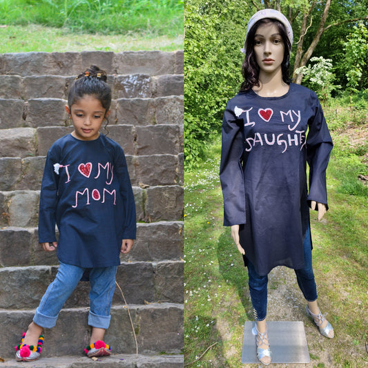 Cambric Shirt with handmade embroidery "I Love my Mom/Daughter"