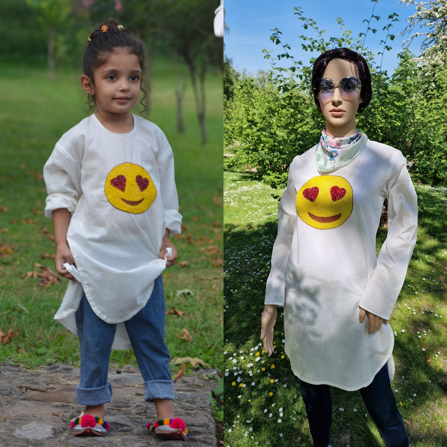 White Shirt with handmade embroidery emoji