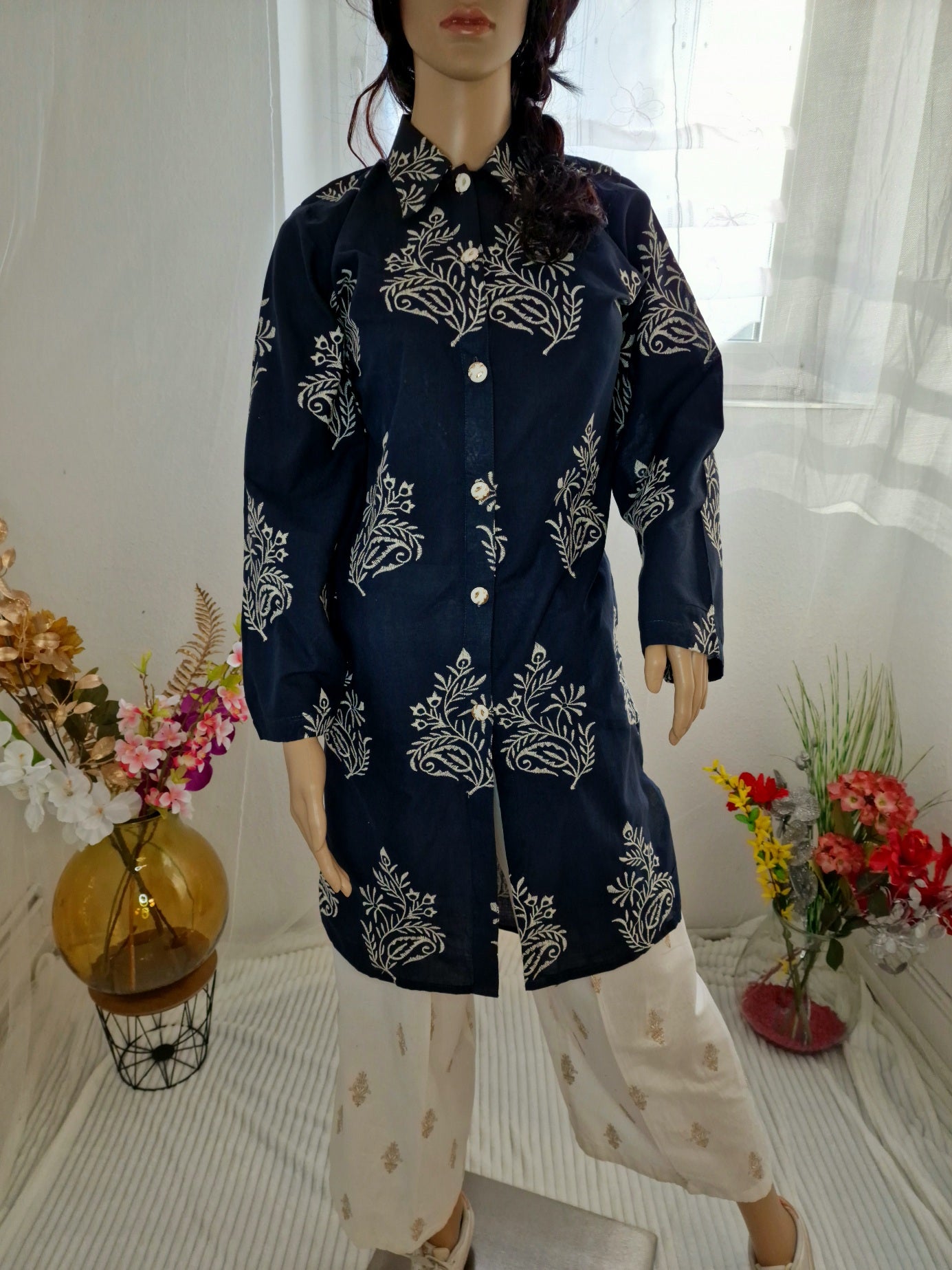 Royal Blue Long Shirt with emboidred pattern