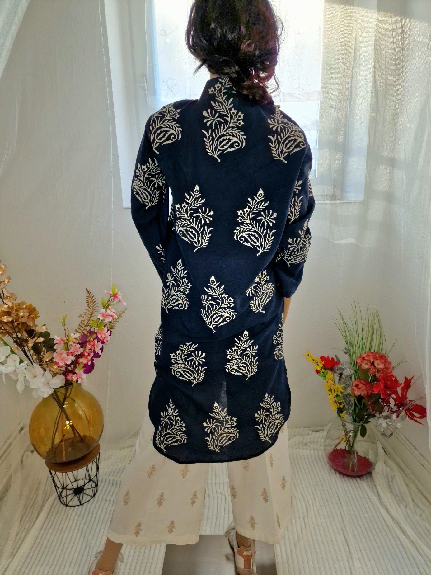 Royal Blue Long Shirt with emboidred pattern