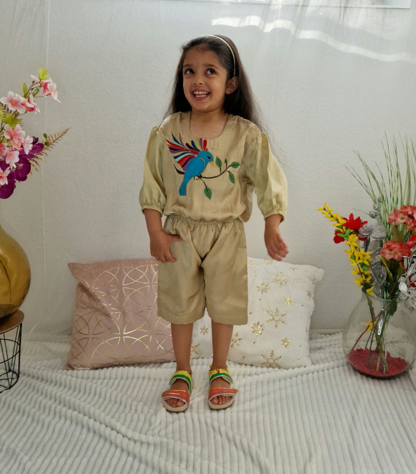 Silk Jumpsuit with emboidred Birdmotiv