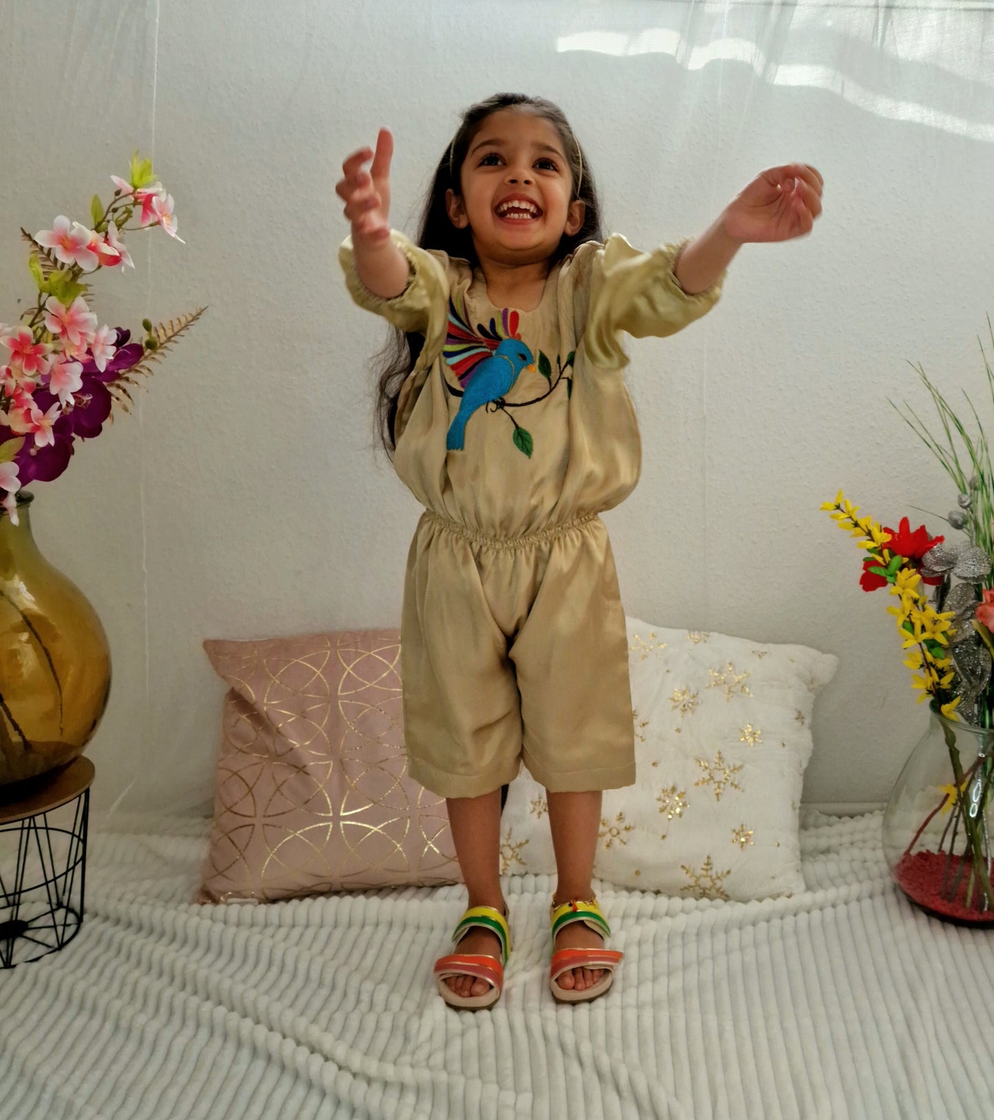 Silk Jumpsuit with emboidred Birdmotiv