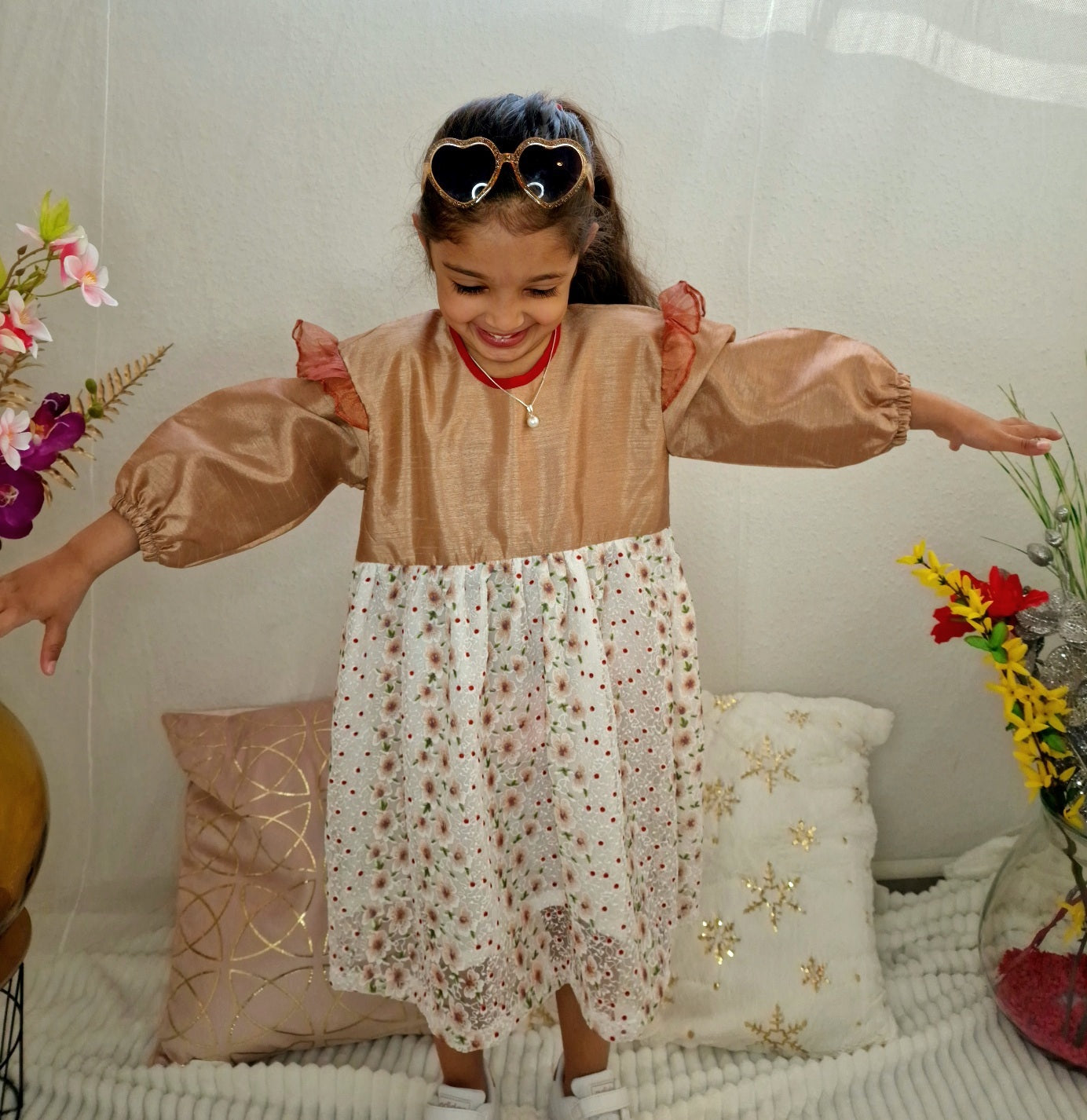 Beige-White Frock with Frill Shoulders
