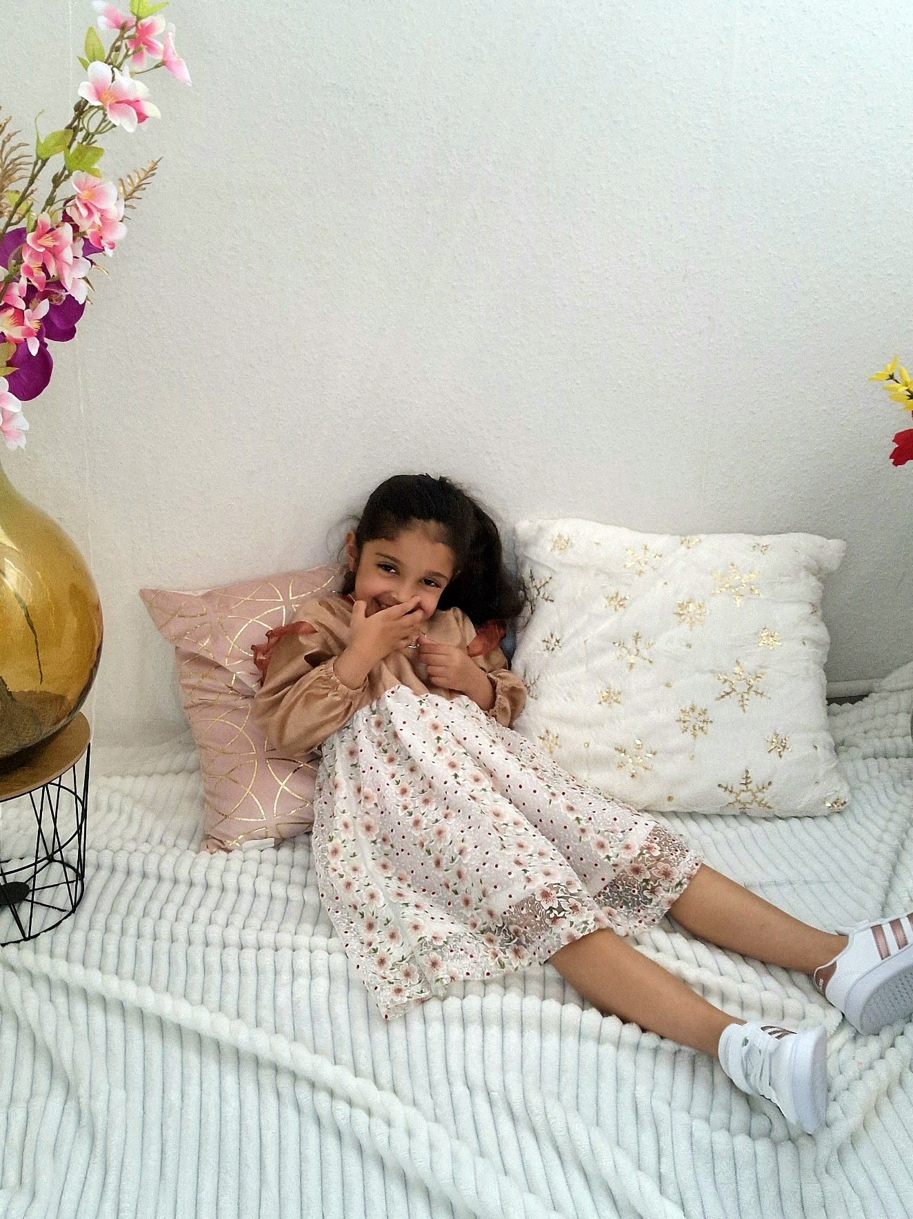 Beige-White Frock with Frill Shoulders