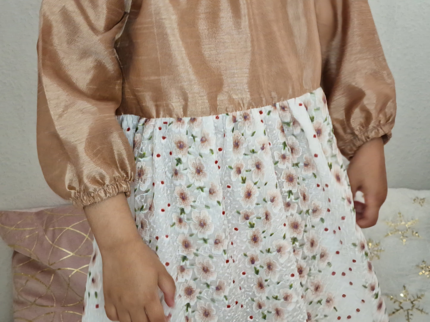 Beige-White Frock with Frill Shoulders