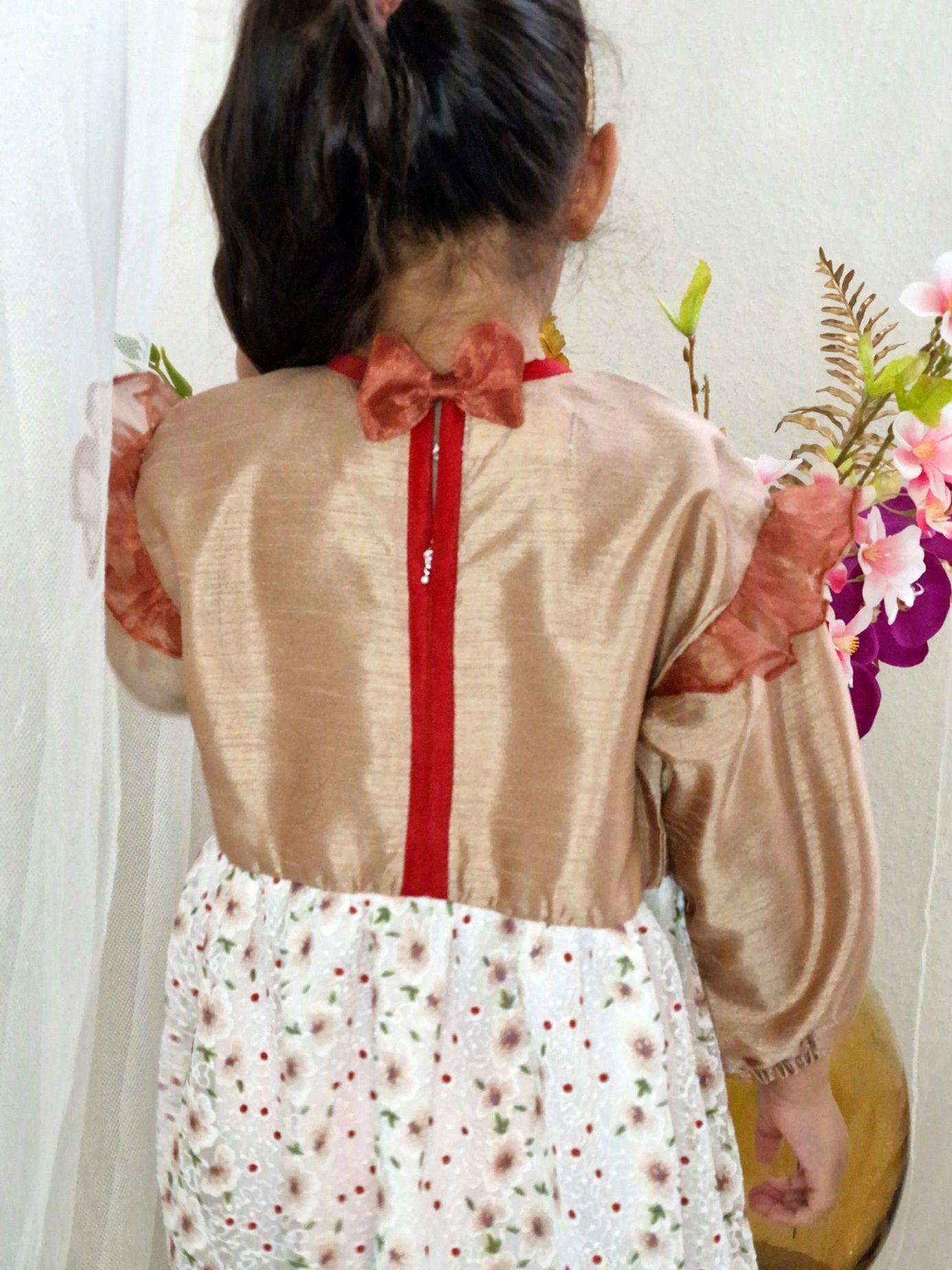 Beige-White Frock with Frill Shoulders