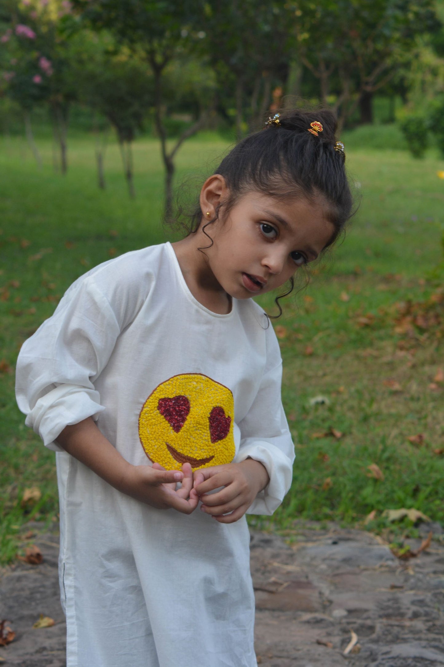 White Shirt with handmade embroidery emoji