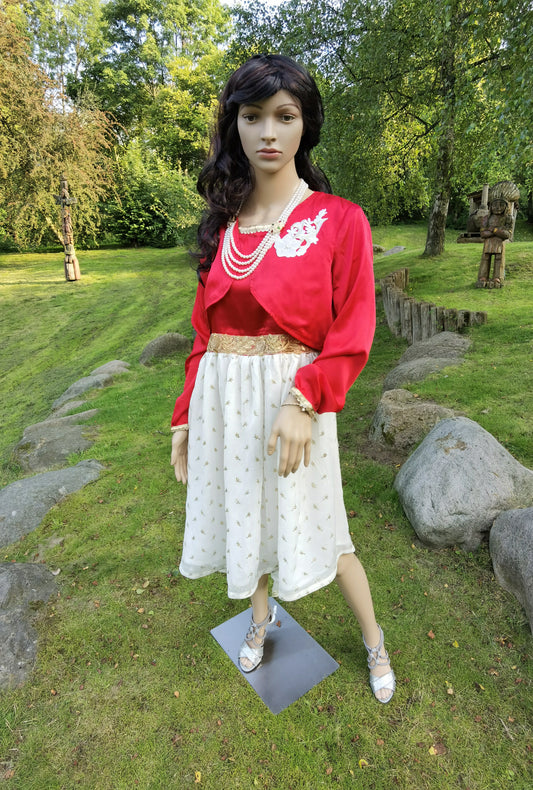 White Embroidred Chiffon Frock with Red Silk Bolero