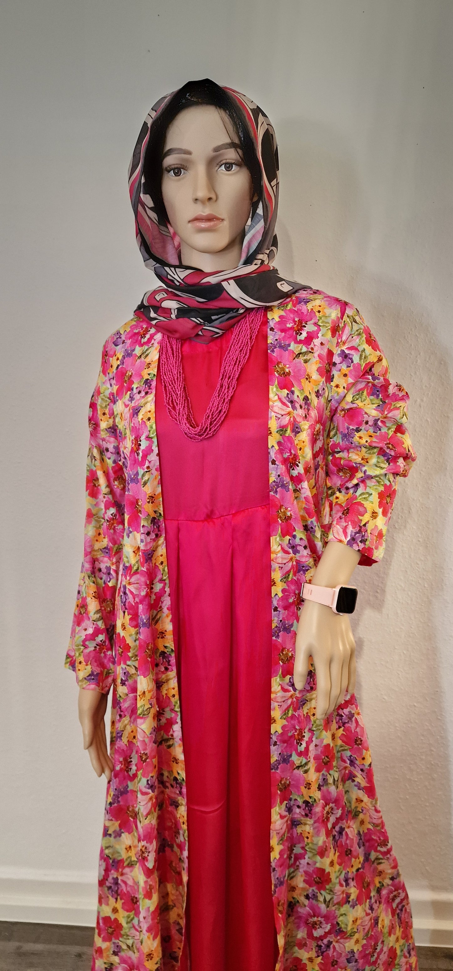 Floral Bedruckter Cardigan und Neonpinks plissiertes Kleid Set für Damen