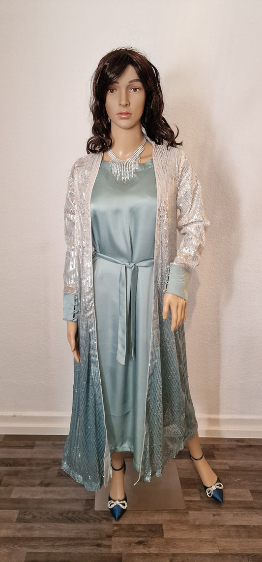 Seidenloses Kleid mit Gürtel und luxuriösem Pailletten-Longsleeve Abaya in zartem Mintgrün