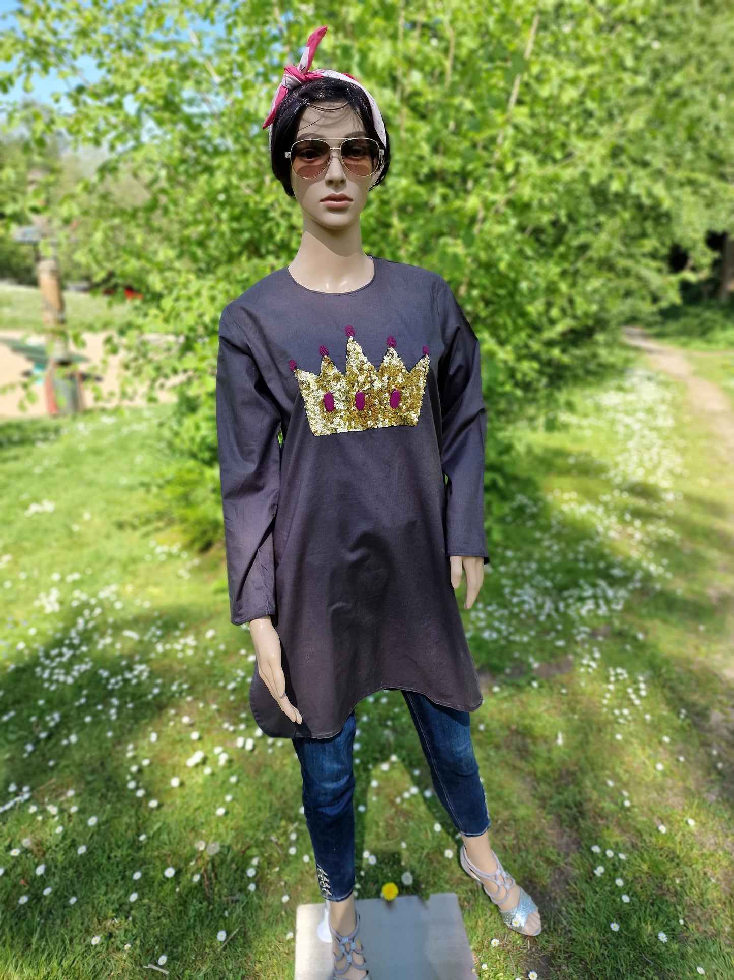 Black long shirt with handmade golden star work Crown