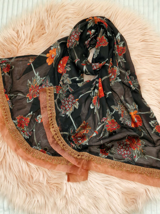 Black Hijab with red Flowers motiv