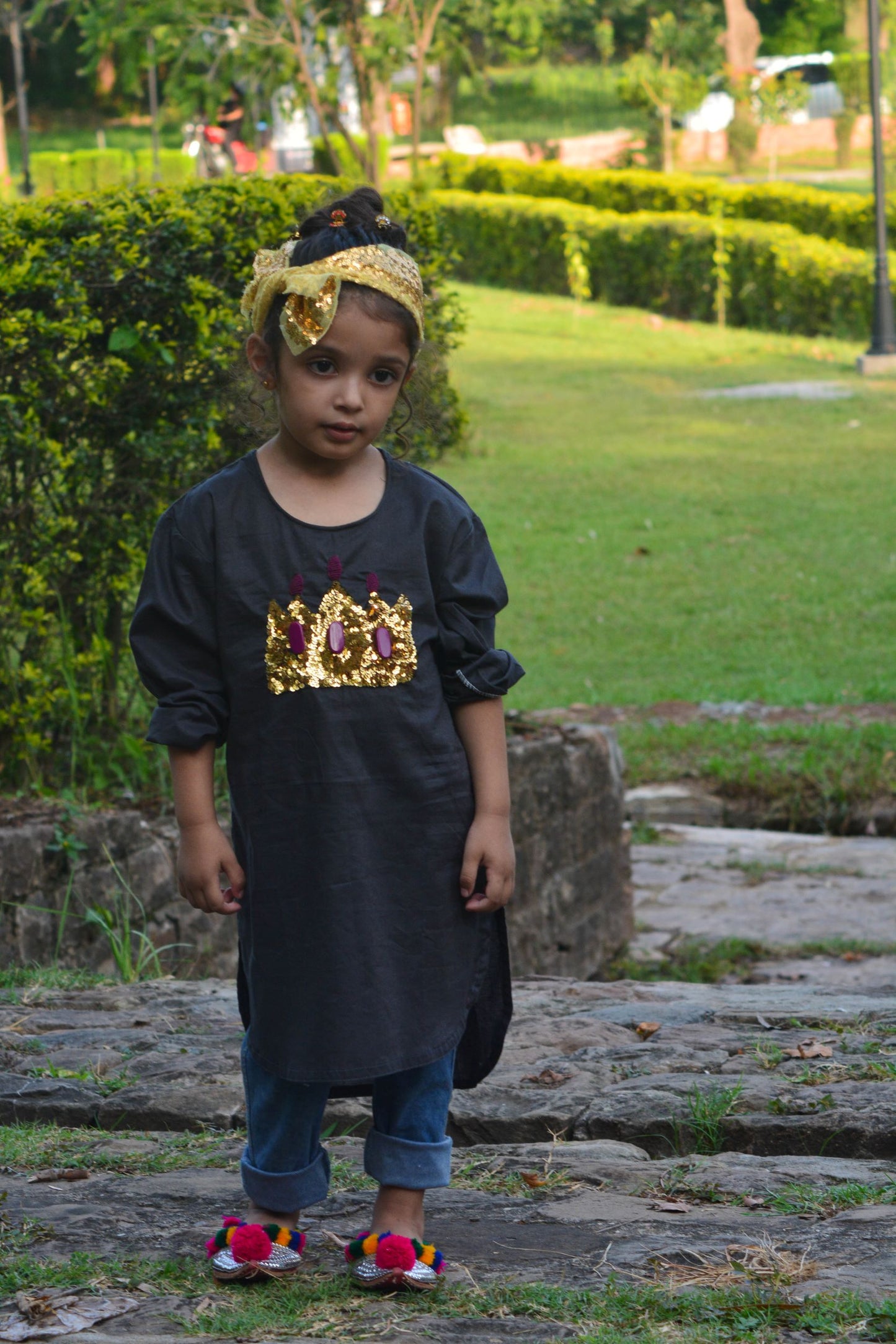 Black long shirt with handmade golden star work Crown