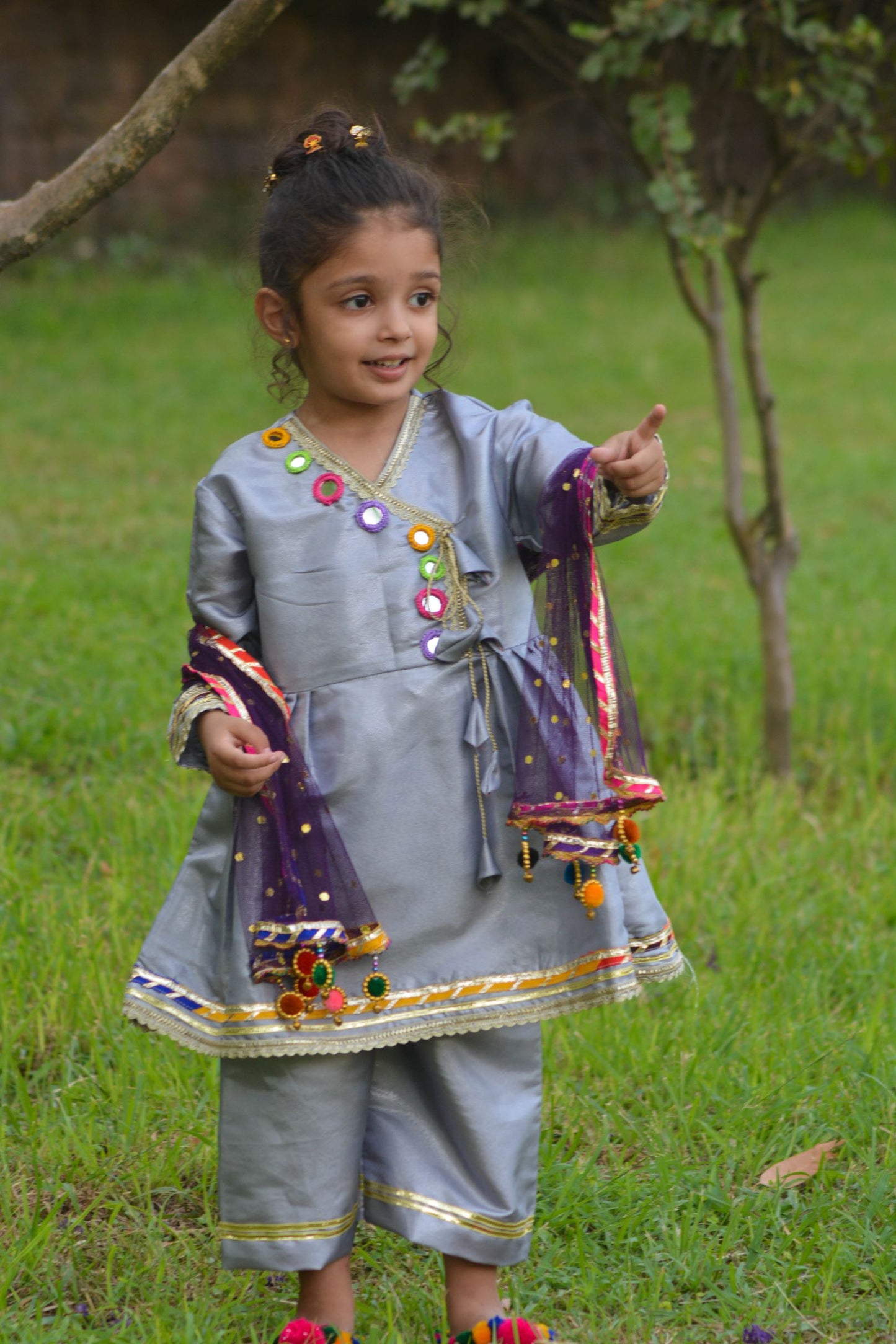 Fancy Dress with shawl and colorful mirror and gota-lace-work