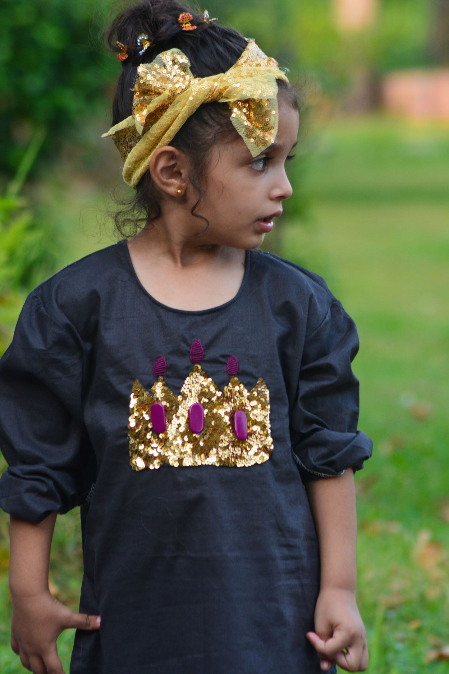 Black long shirt with handmade golden star work Crown