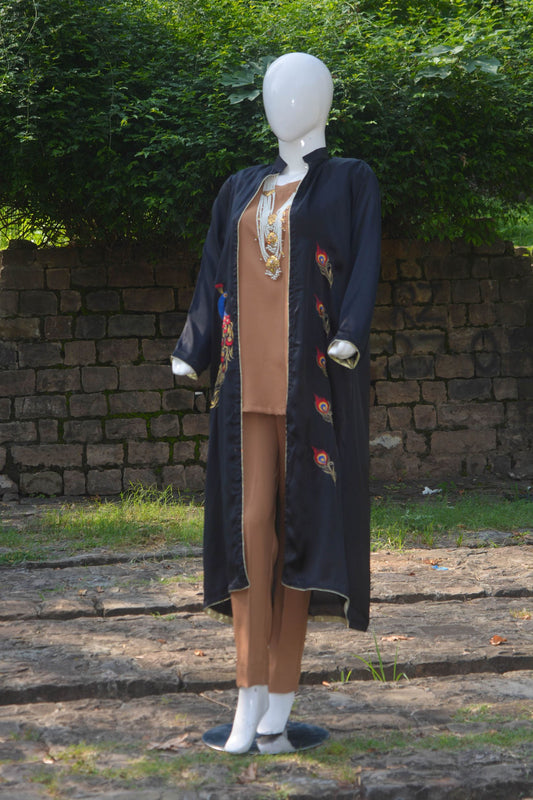 Suit with embroidered Peacock open long silk Gown