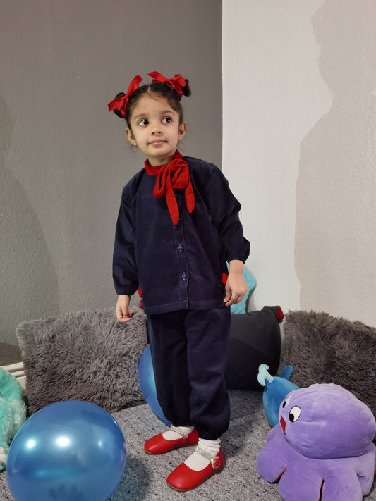 Blue soft jeans suit with red velvet bow