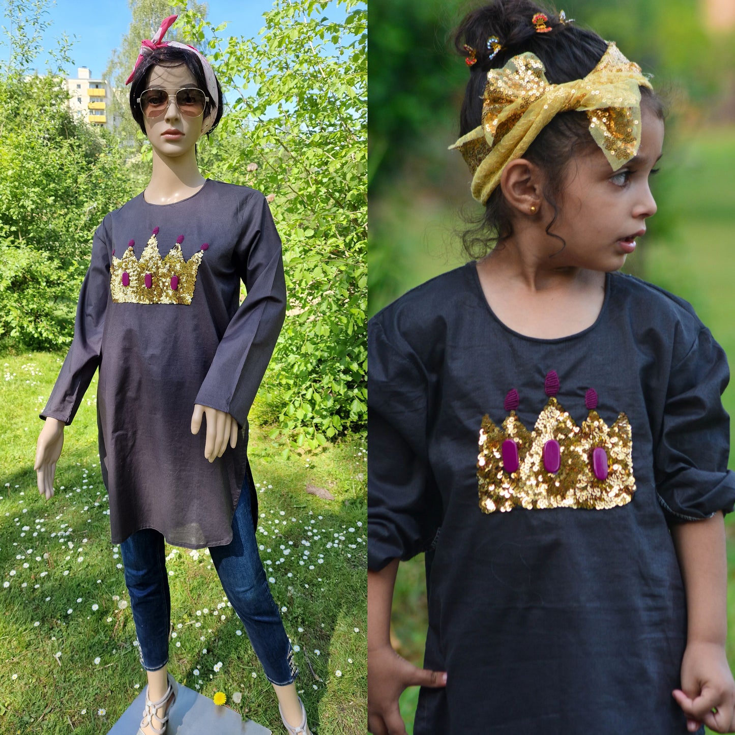 Black long shirt with handmade golden star work Crown