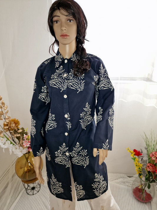 Royal Blue Long Shirt with emboidred pattern