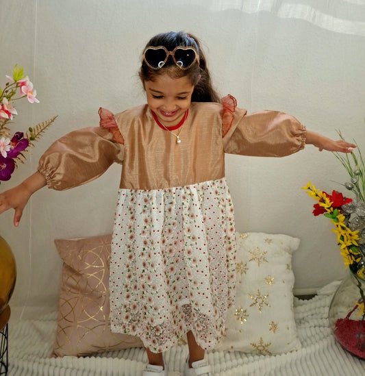 Beige-White Frock with Frill Shoulders